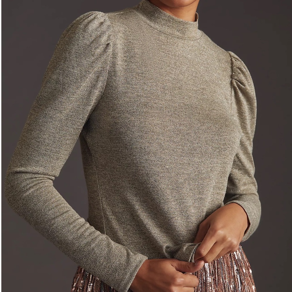 Anthropologie Dolan Metallic Mock Neck Puff Sleeve Shoulder Long Sleeve Top - Picture 1 of 8